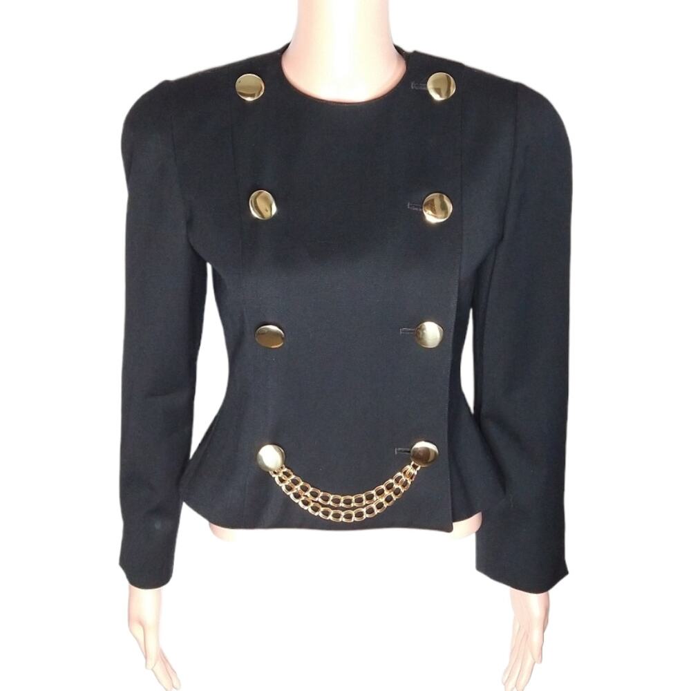 Vintage Black Wool Cropped Jacket with Gold Chain size 2